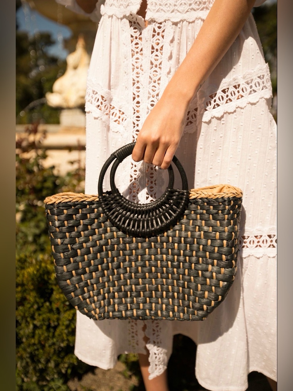Free People Sofia Tote Black Round Braided Wicker Handles Straw Woven Boho Bag